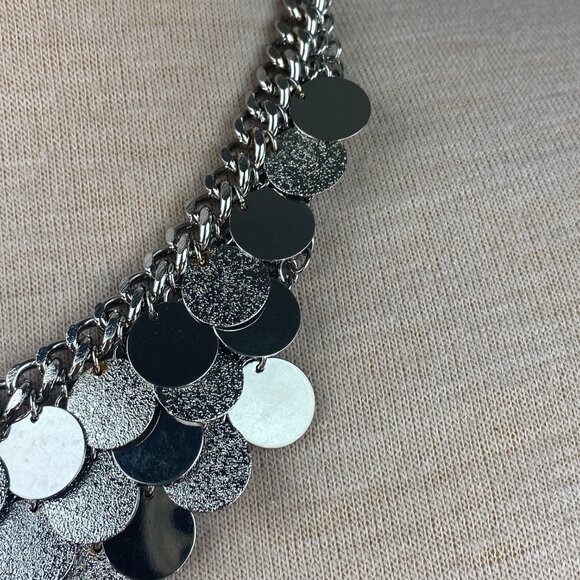 Silver Tone Disc Chain Bib Necklace 19-23" - Picture 4 of 9